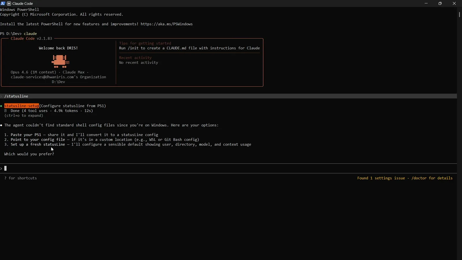 Claude Code input box with the answer 3 typed beneath the three statusline setup options to request the fresh default statusline