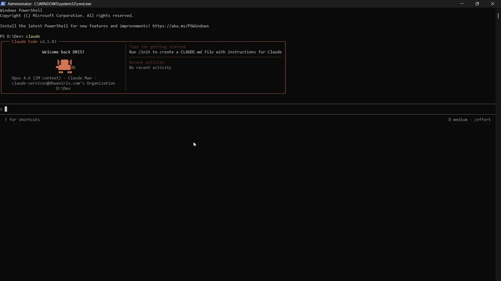 Claude Code v2.1.83 welcome box in a Windows terminal showing Welcome back DRIS!, the Opus 4.6 1M context window model line and the Claude Max plan for the D:\Dev project