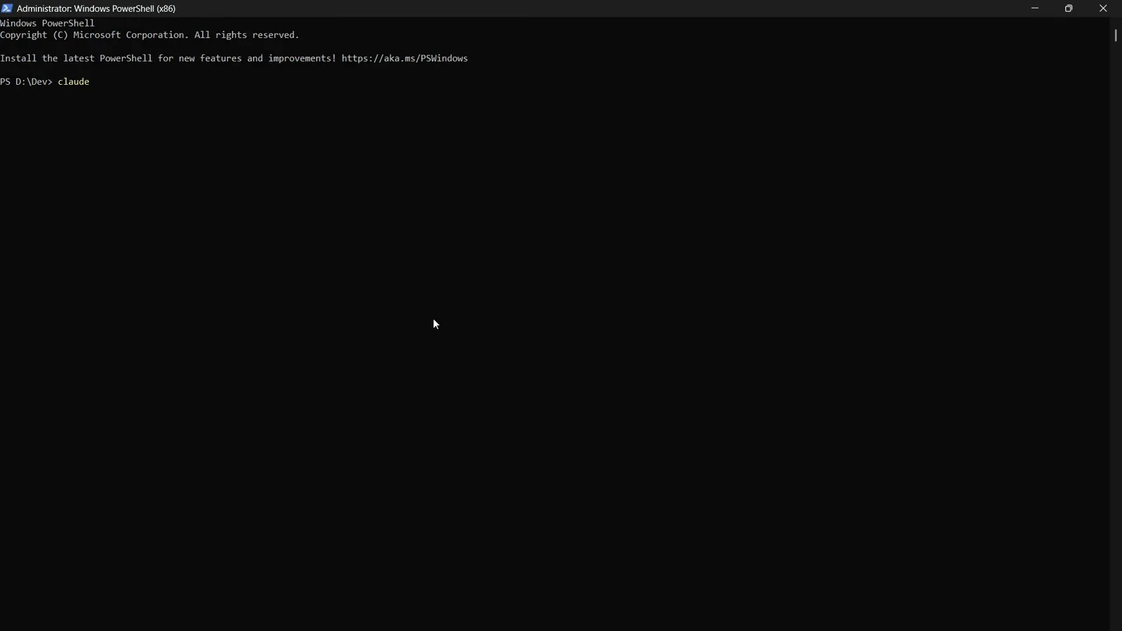 Windows PowerShell window with the claude command typed at the PS D:\Dev> prompt to launch the Claude Code CLI