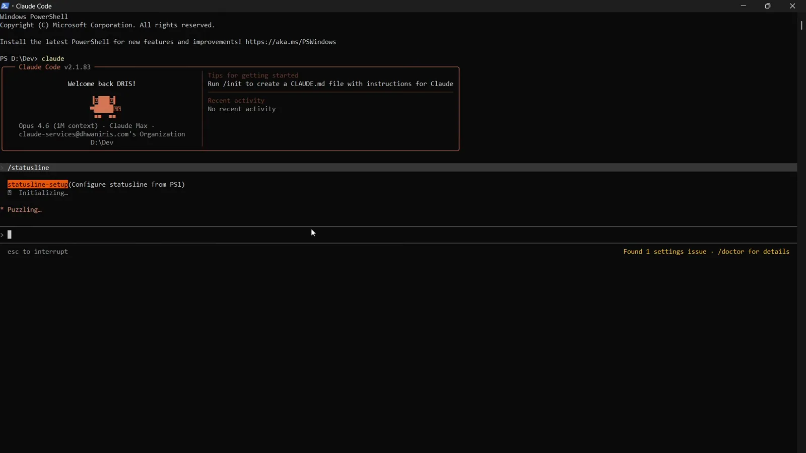 Claude Code terminal right after /statusline is submitted with the statusline-setup Configure statusline from PS1 tool call highlighted and an Initializing spinner below it