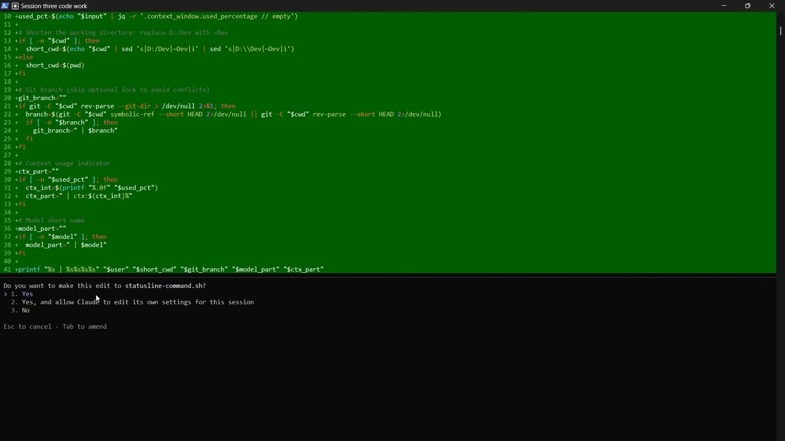 Green added-lines diff of the generated statusline-command.sh bash script in Claude Code above the Do you want to make this edit approval dialog with Yes, Yes and allow further edits, and No choices