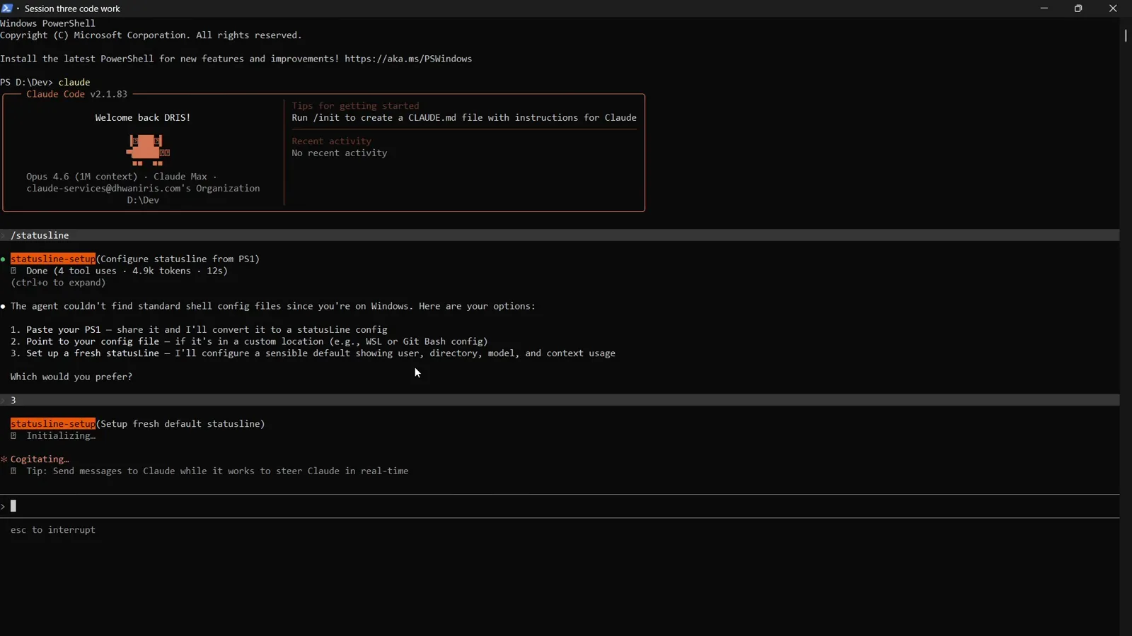 Claude Code statusline-setup tool switching to Setup fresh default statusline with Initializing and Configuring spinners after option 3 is confirmed