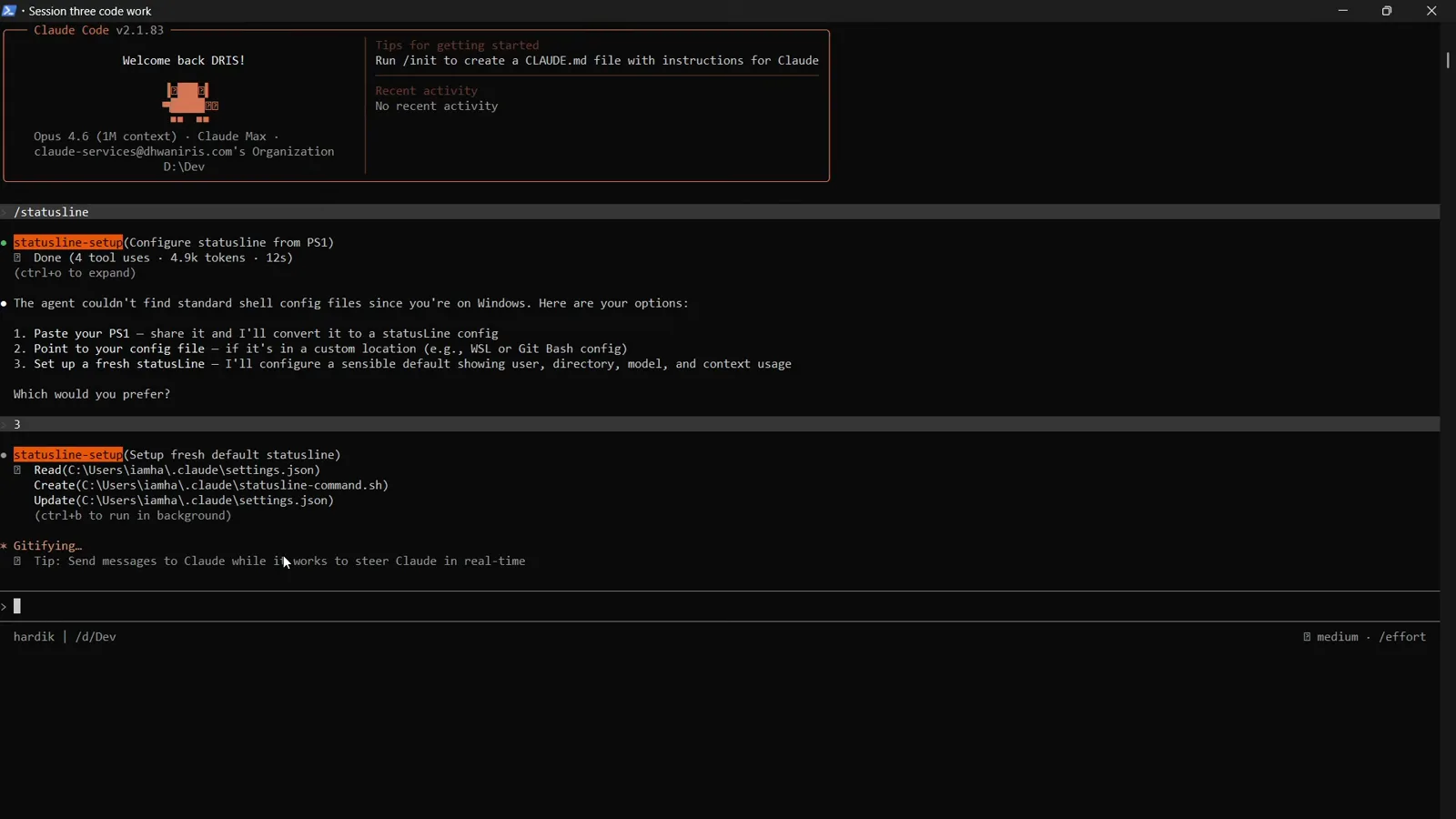 statusline-setup tool in Claude Code listing Create C:\Users\drisa\.claude\statusline-command.sh and Update settings.json actions after the edit was approved