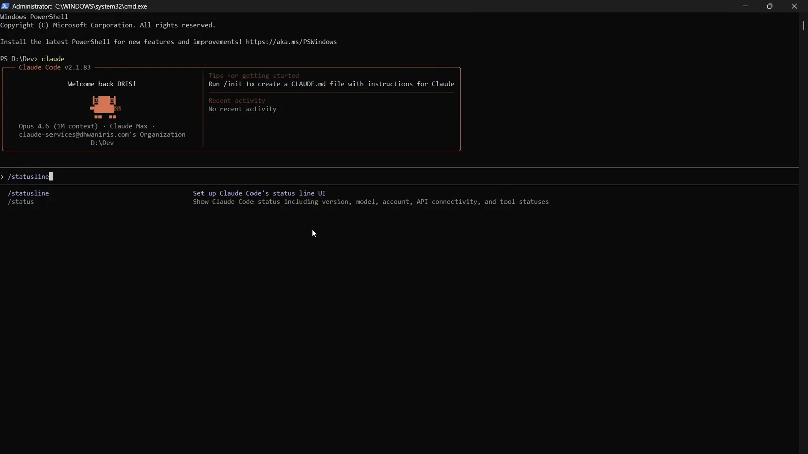 Claude Code slash command autocomplete menu listing /statusline to set up the status line UI next to /status which shows version, model, account, API connectivity and tool statuses