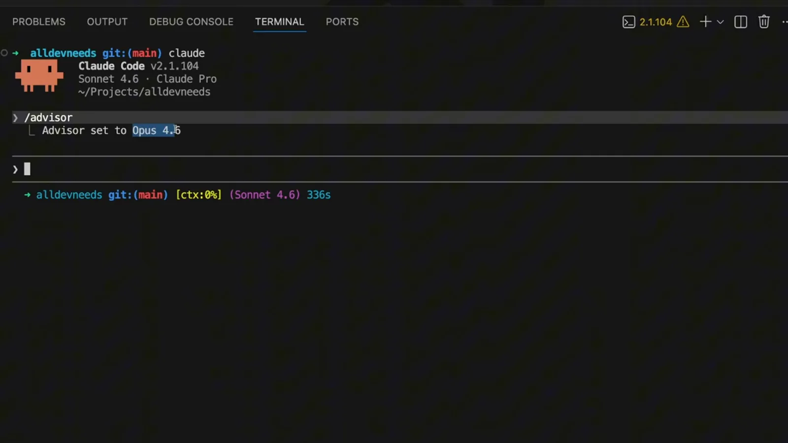 The Claude Code terminal confirming Advisor set to Opus 4.6 under the /advisor command with an empty prompt and a Sonnet 4.6 status line still reading ctx 0%