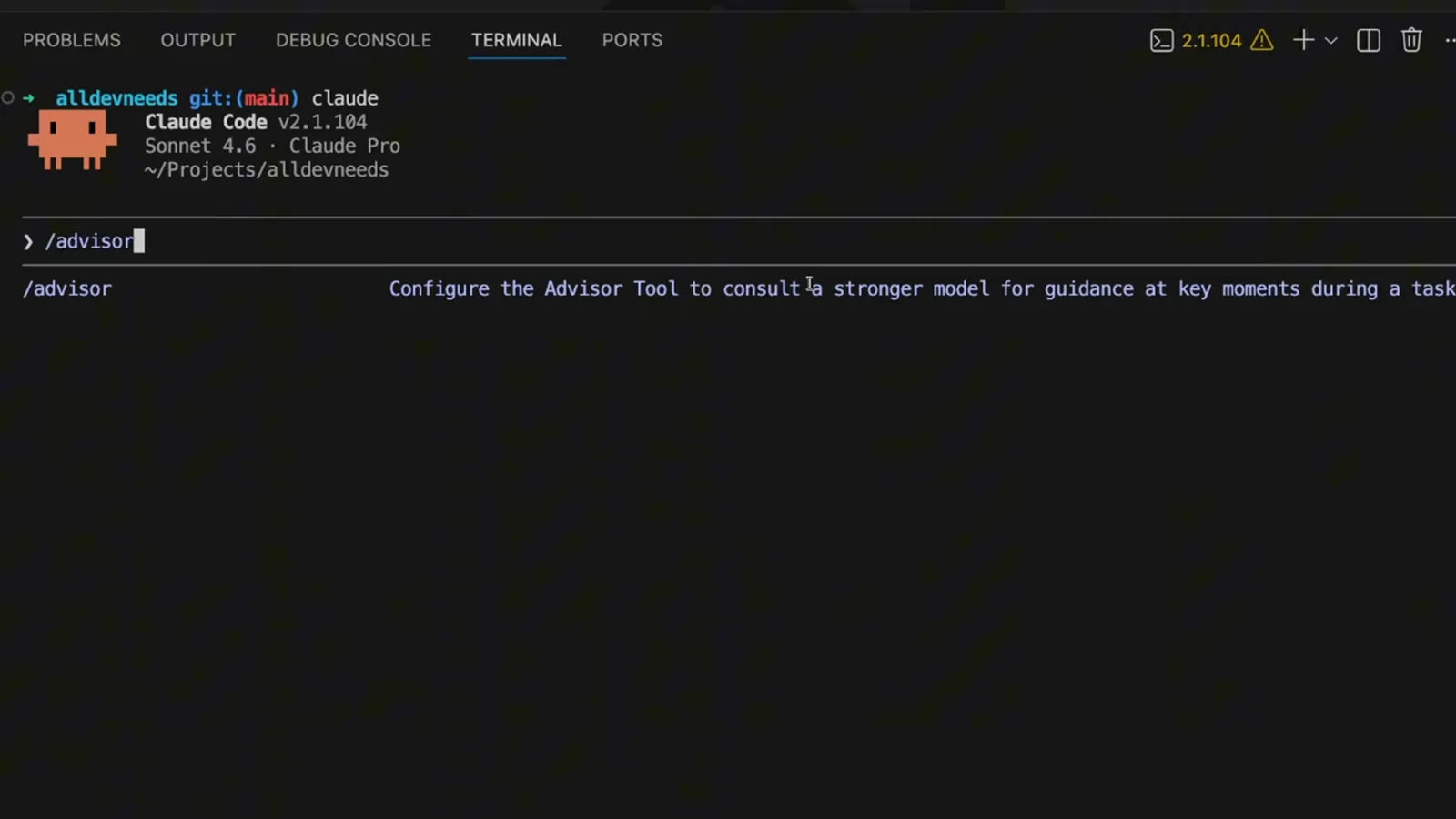 Claude Code prompt box with /advisor typed and the inline description Configure the Advisor Tool to consult a stronger model for guidance at key moments during a task