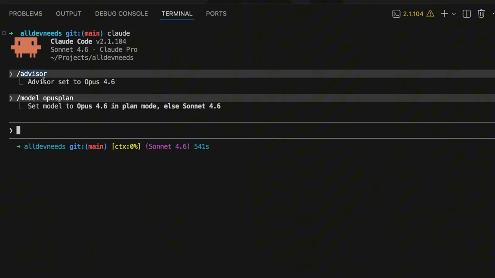 Two Claude Code command results stacked in one terminal, Advisor set to Opus 4.6 from the advisor command above Set model to Opus 4.6 in plan mode else Sonnet 4.6 from the /model opusplan command