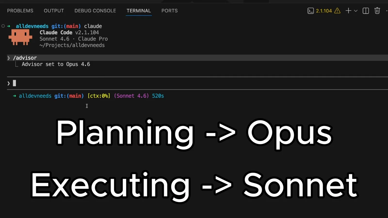 The Claude Code terminal at ctx 0% on Sonnet 4.6 under large white overlay text reading Planning to Opus and Executing to Sonnet, the split the creator used before the advisor command existed