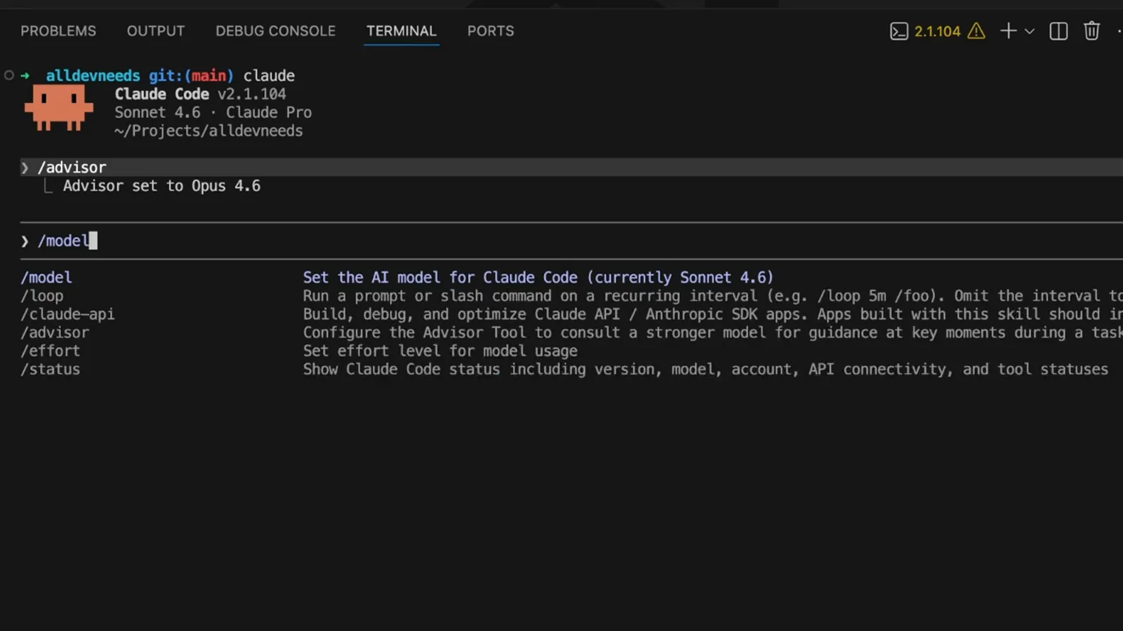 Claude Code slash command menu listing /model set the AI model for Claude Code currently Sonnet 4.6, /effort set effort level for model usage, /advisor consult a stronger model at key moments, and /status for version model account and API connectivity
