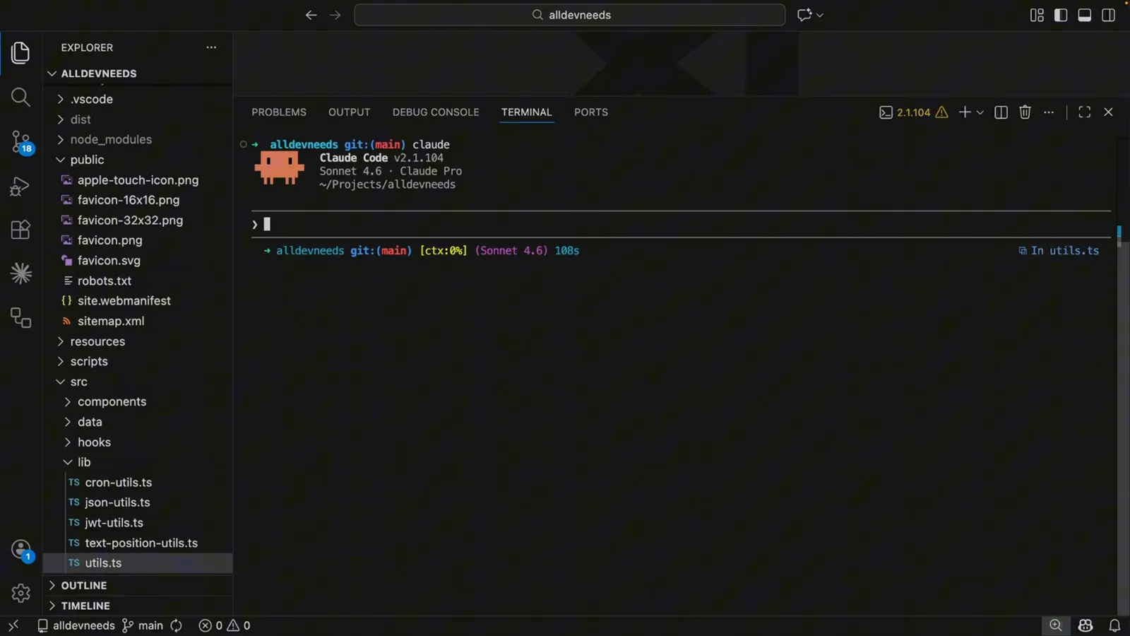 A fresh Claude Code session in the VS Code terminal on the alldevneeds repo showing Claude Code v2.1.104, Sonnet 4.6 on a Claude Pro plan, and a ctx 0% status line before a single prompt is sent