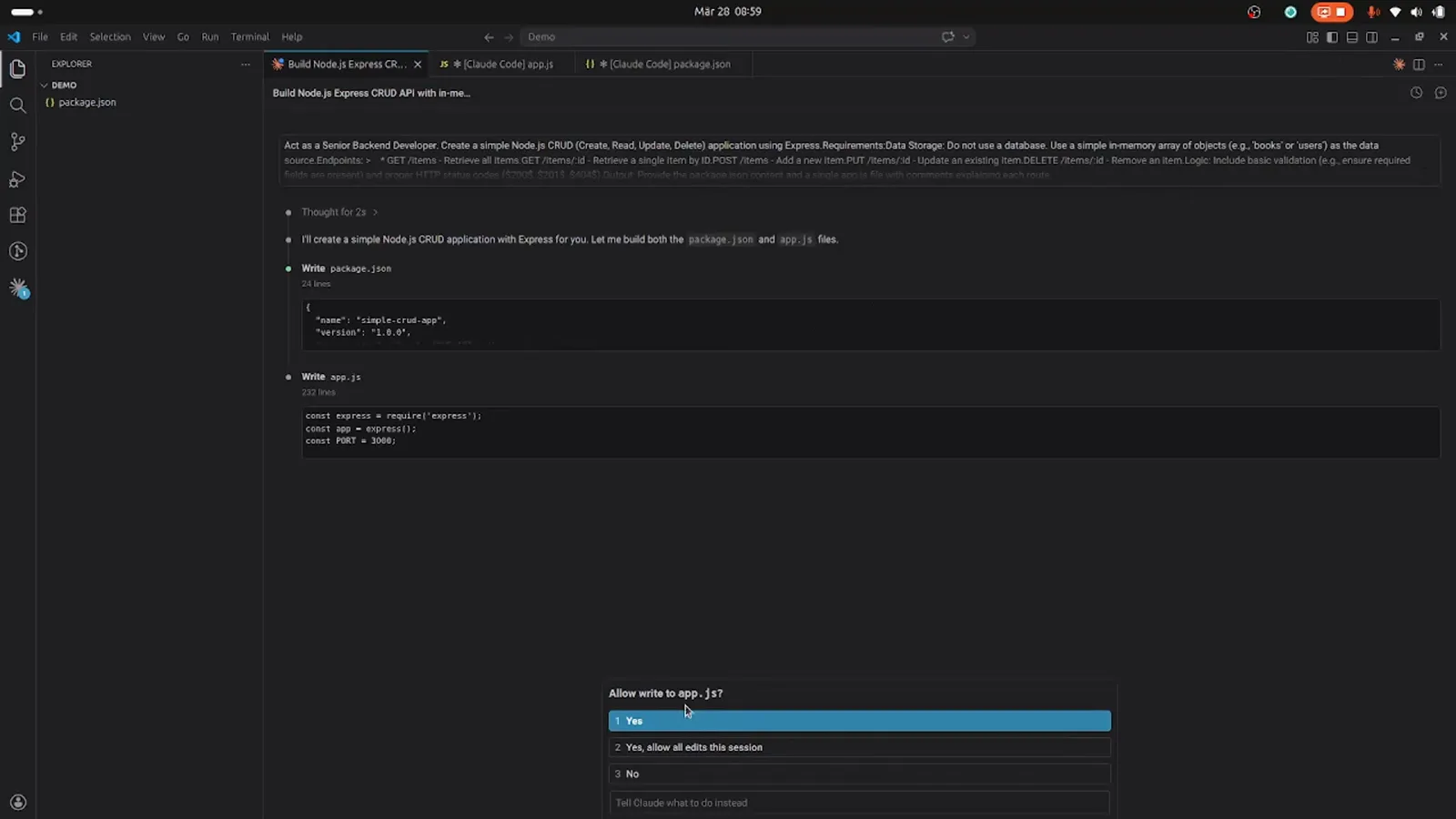 Claude Code permission dialog in VS Code asking Allow write to app.js with options 1. Yes, 2. Yes allow all edits this session and 3. No above a Tell Claude what to do instead box