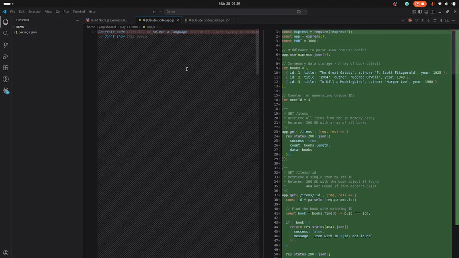 VS Code diff editor with Claude Code proposed app.js shown in green, an Express server on port 3000, an in-memory books array and GET /items routes in the Demo workspace
