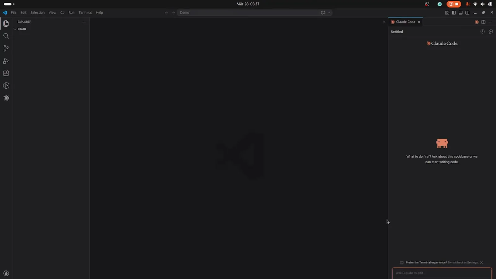 Claude Code panel docked in the VS Code sidebar on a Demo folder showing the empty state What to do first? Ask about this codebase or we can start writing code above an Ask Claude to edit input