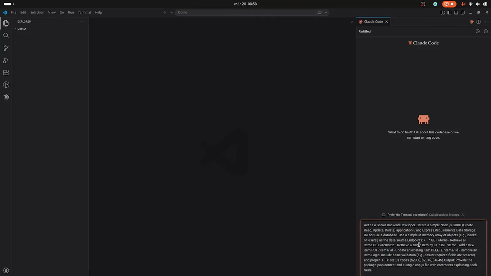 Claude Code panel in VS Code with a multi-line prompt asking to act as a senior backend developer and create a simple Node.js CRUD application using Express with an in-memory data source