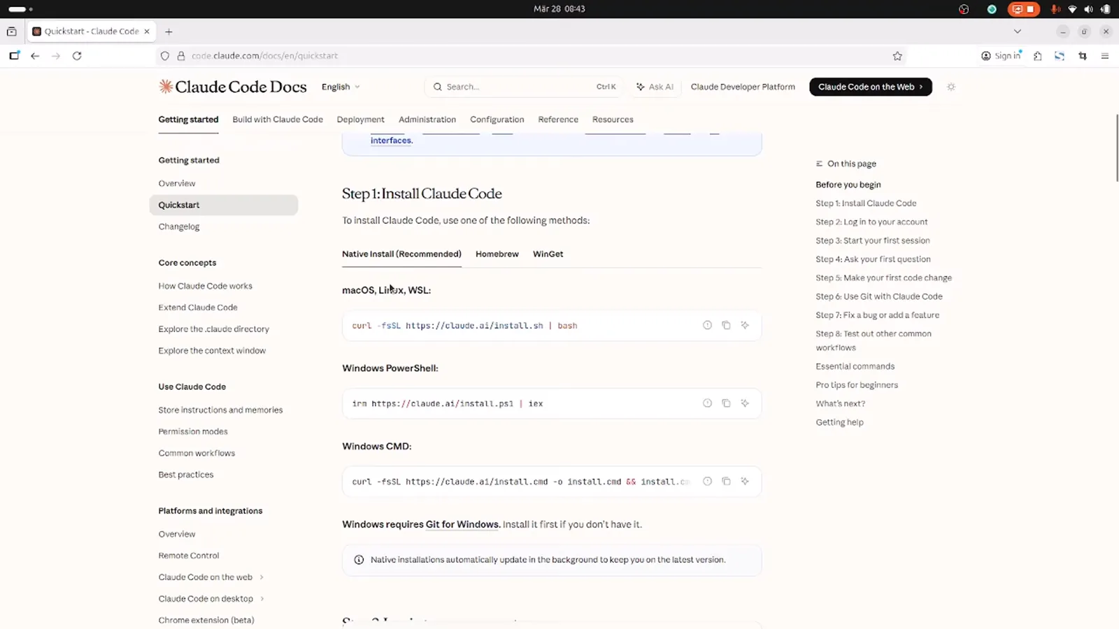 Claude Code Docs quickstart page open at Step 1 Install Claude Code, listing the macOS and Linux curl command, a Homebrew option and separate Windows PowerShell and Windows CMD blocks
