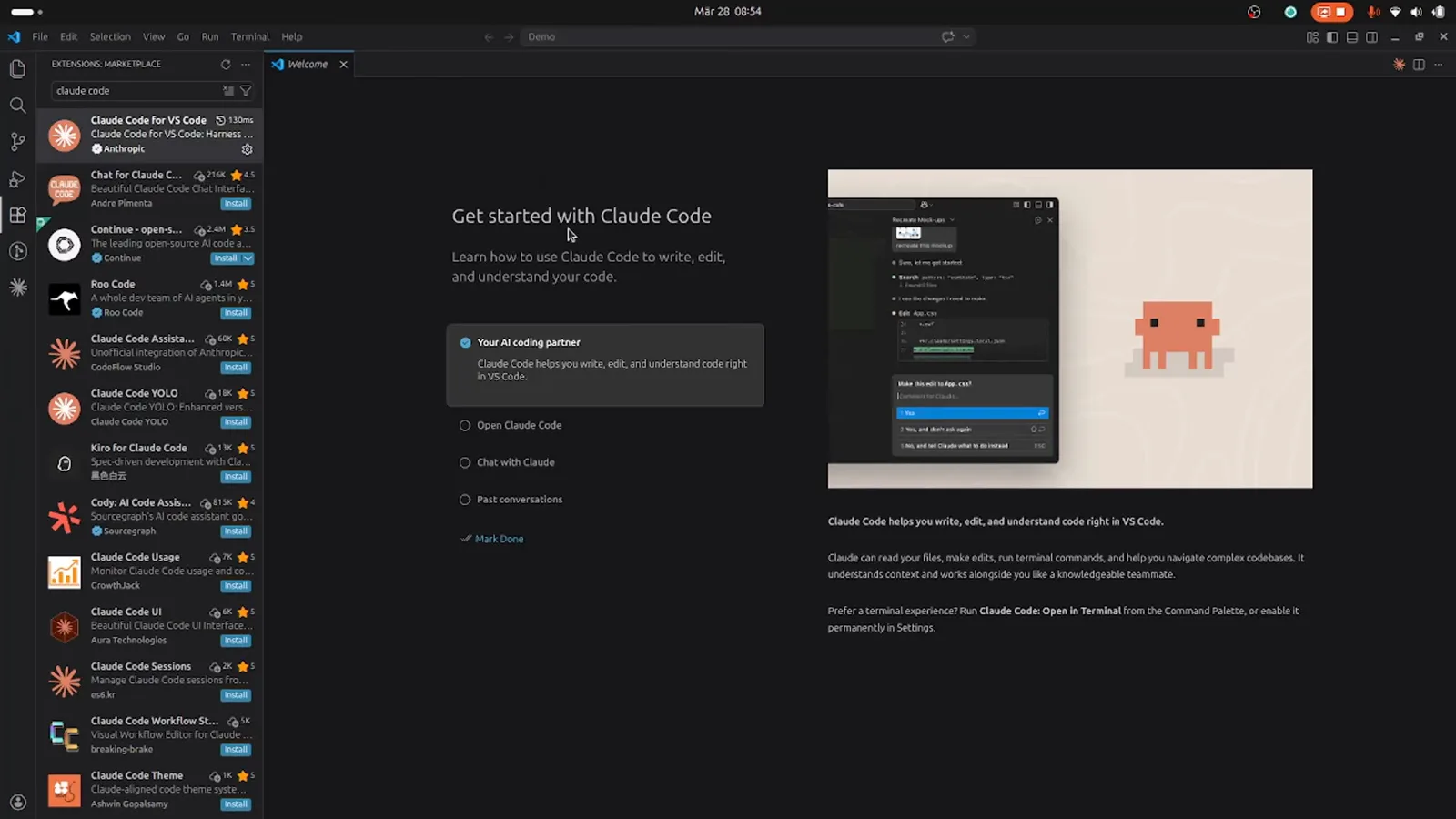 VS Code Welcome tab showing the Get started with Claude Code walkthrough, a Your AI coding partner card and Open Claude Code, Chat with Claude and Past conversations checklist rows