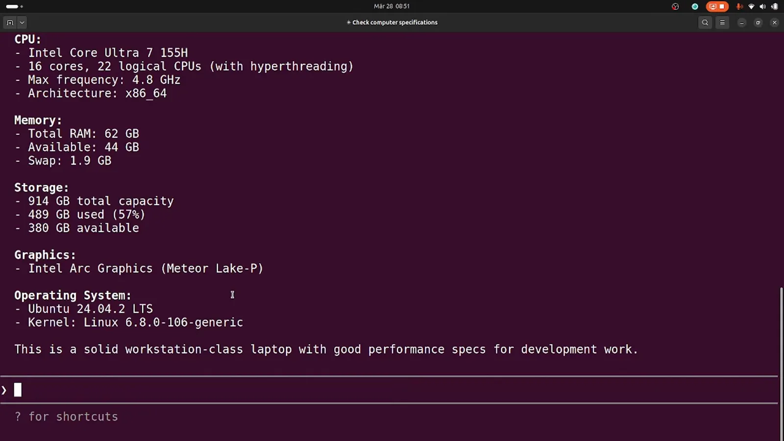 Claude Code hardware report listing an Intel Core Ultra 7 155H with 16 cores, 62 GB RAM, 914 GB storage, Intel Arc Graphics and Ubuntu 24.04.2 LTS, concluding this is a solid workstation-class laptop