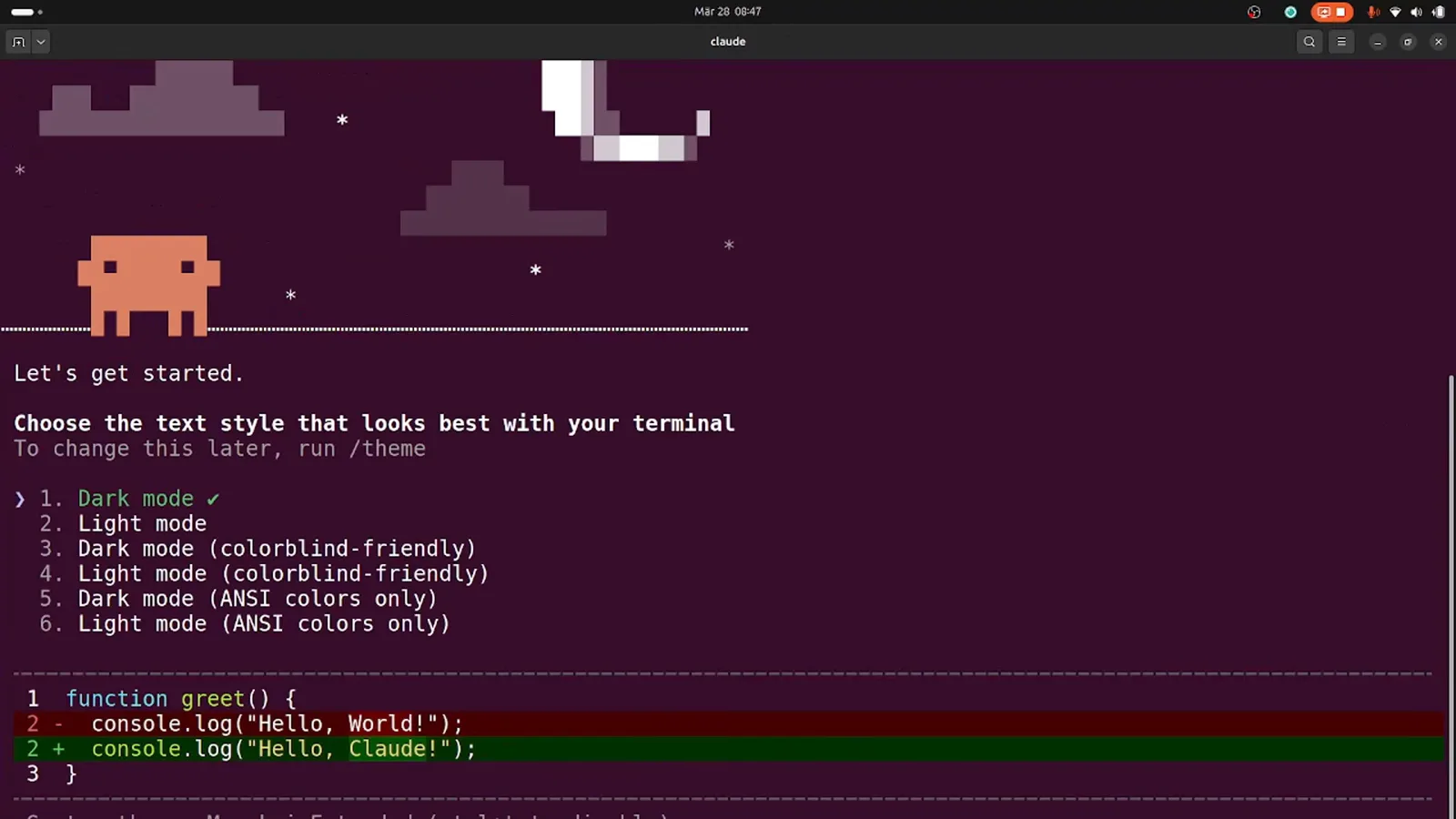 Claude Code first-run screen titled Lets get started with six text styles from Dark mode to Light mode ANSI colors only, Dark mode selected above a Hello World terminal preview
