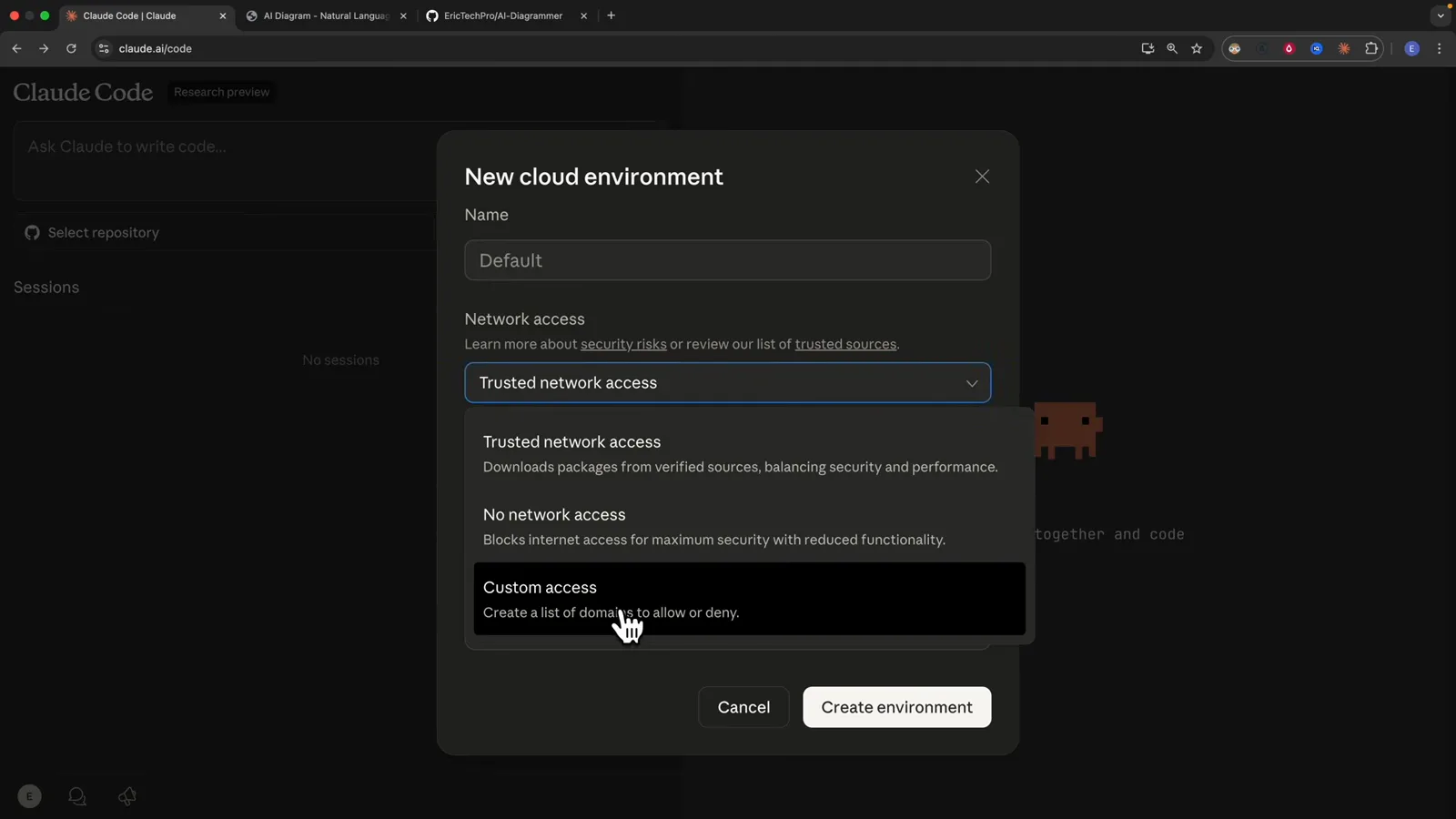 Expanded network access menu inside the New cloud environment dialog offering Trusted network access, No network access and Custom access, each with a one-line explanation of what it permits