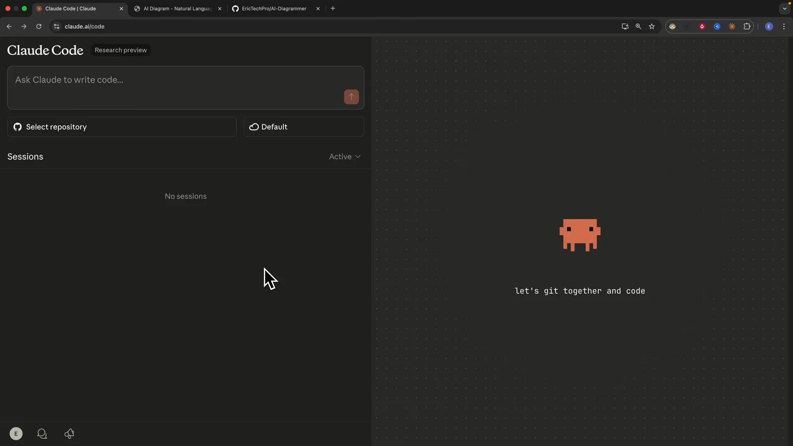 Empty Claude Code cloud session at claude.ai/code showing an Ask Claude to write code box beside a Select repository control, a Default environment chip and a No sessions list