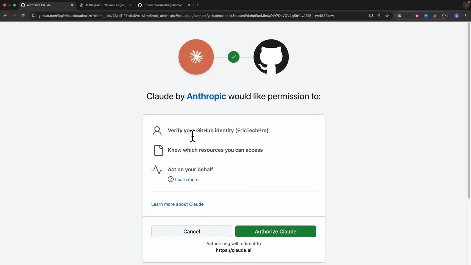 GitHub OAuth consent screen titled Claude by Anthropic would like permission to, listing Verify your GitHub identity, Know which resources you can access and Act on your behalf above an Authorize Claude button