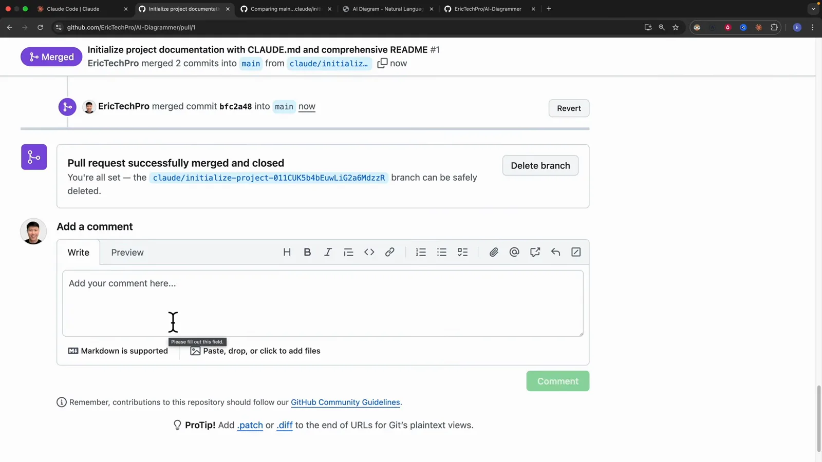 GitHub pull request number 1 carrying a purple Merged badge, the message Pull request successfully merged and closed and a Delete branch button for the claude/initialize-project branch