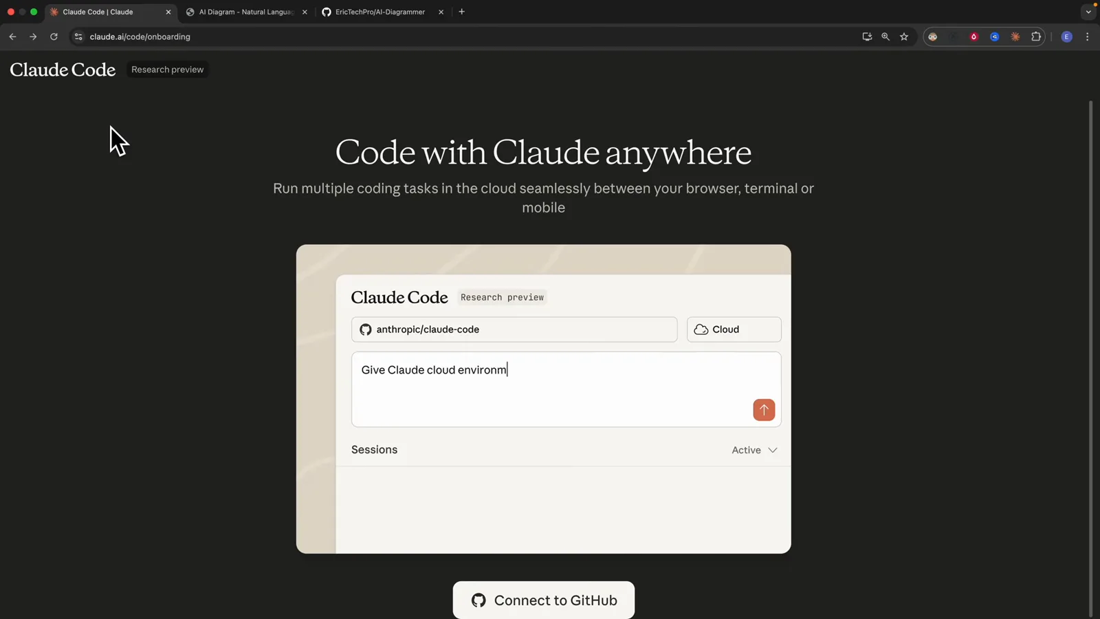 Claude Code onboarding page at claude.ai/code/onboarding with the headline Code with Claude anywhere and a Connect to GitHub button below a Research preview card