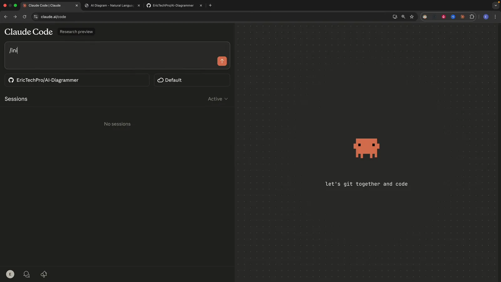 Claude Code composer with EricTechPro/AI-Diagrammer chosen as the repository, the Default cloud environment selected and the /init slash command typed into the prompt box