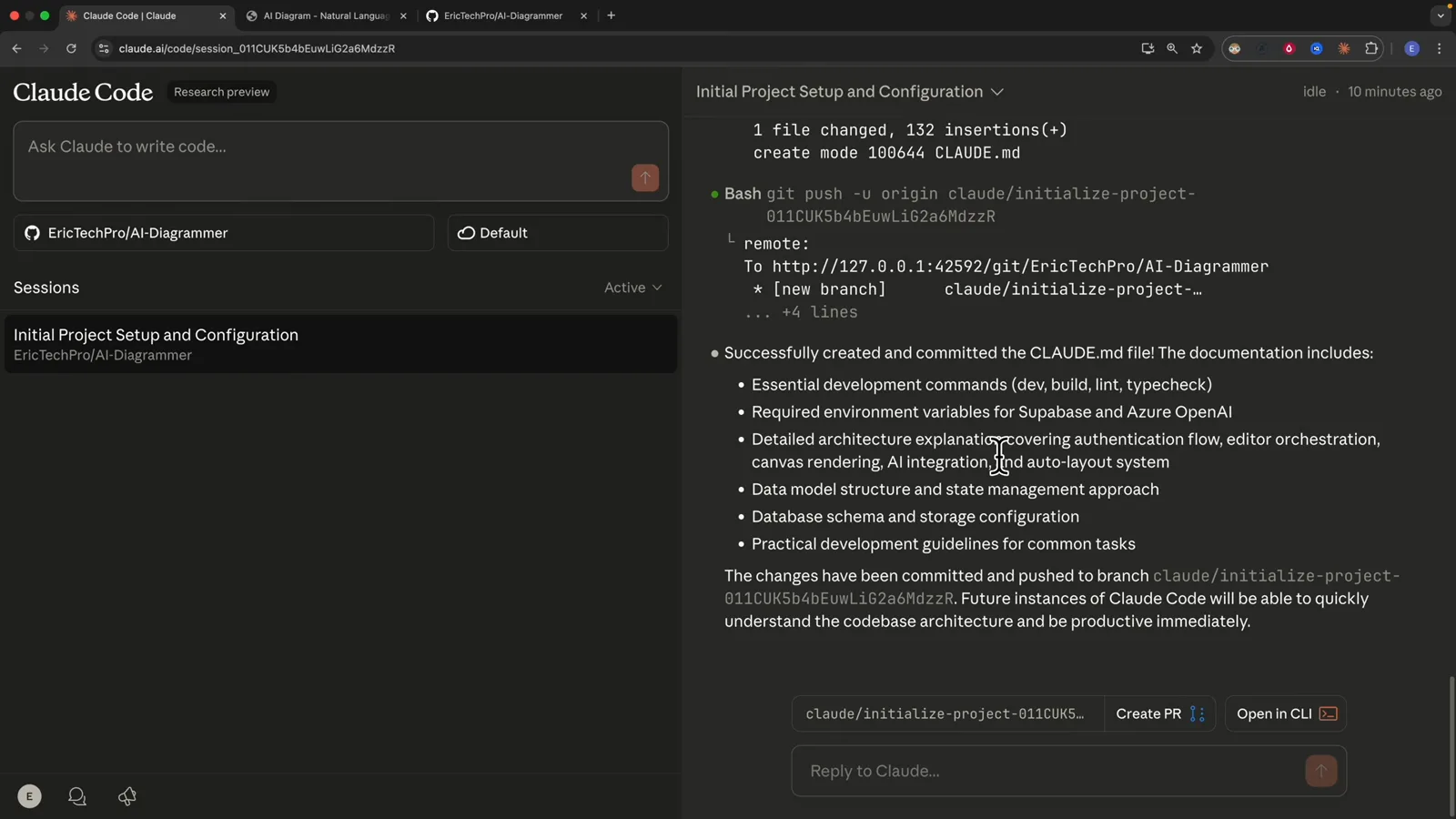 Claude Code on the web reporting that CLAUDE.md was created and pushed to a claude/initialize-project branch, followed by the six bullet points it wrote and the Create PR and Open in CLI buttons