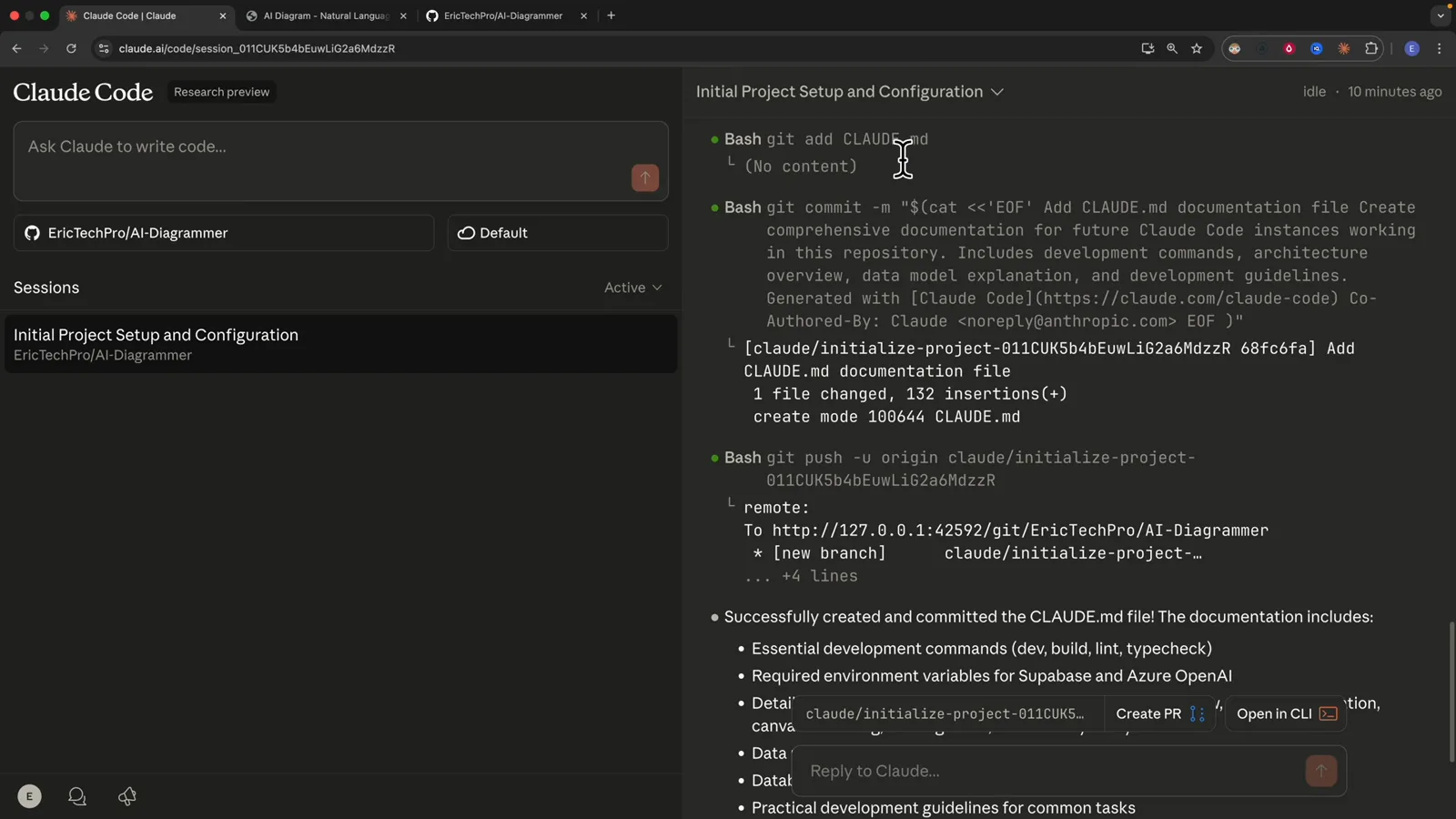 Claude Code cloud session transcript showing the git add CLAUDE.md, git commit and git push -u origin claude/initialize-project commands and the resulting one file changed with 132 insertions