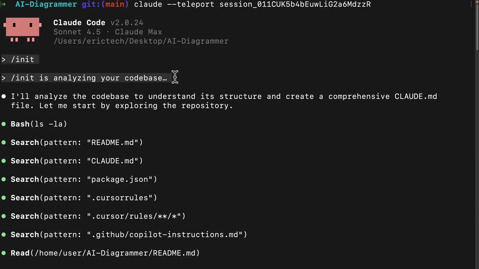 Terminal in the AI-Diagrammer folder running claude --teleport session_011CUK5b4bEuwLiG2a6MdzrR, resuming the browser conversation in Claude Code v2.0.24 with the /init codebase analysis already streaming