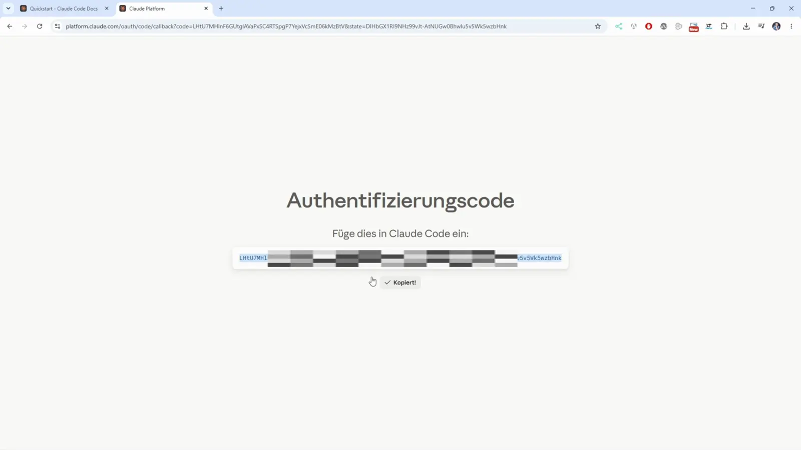 Claude authorization page in German titled Authentifizierungscode with the instruction Füge dies in Claude Code ein and a one-time code ready to copy back into the terminal