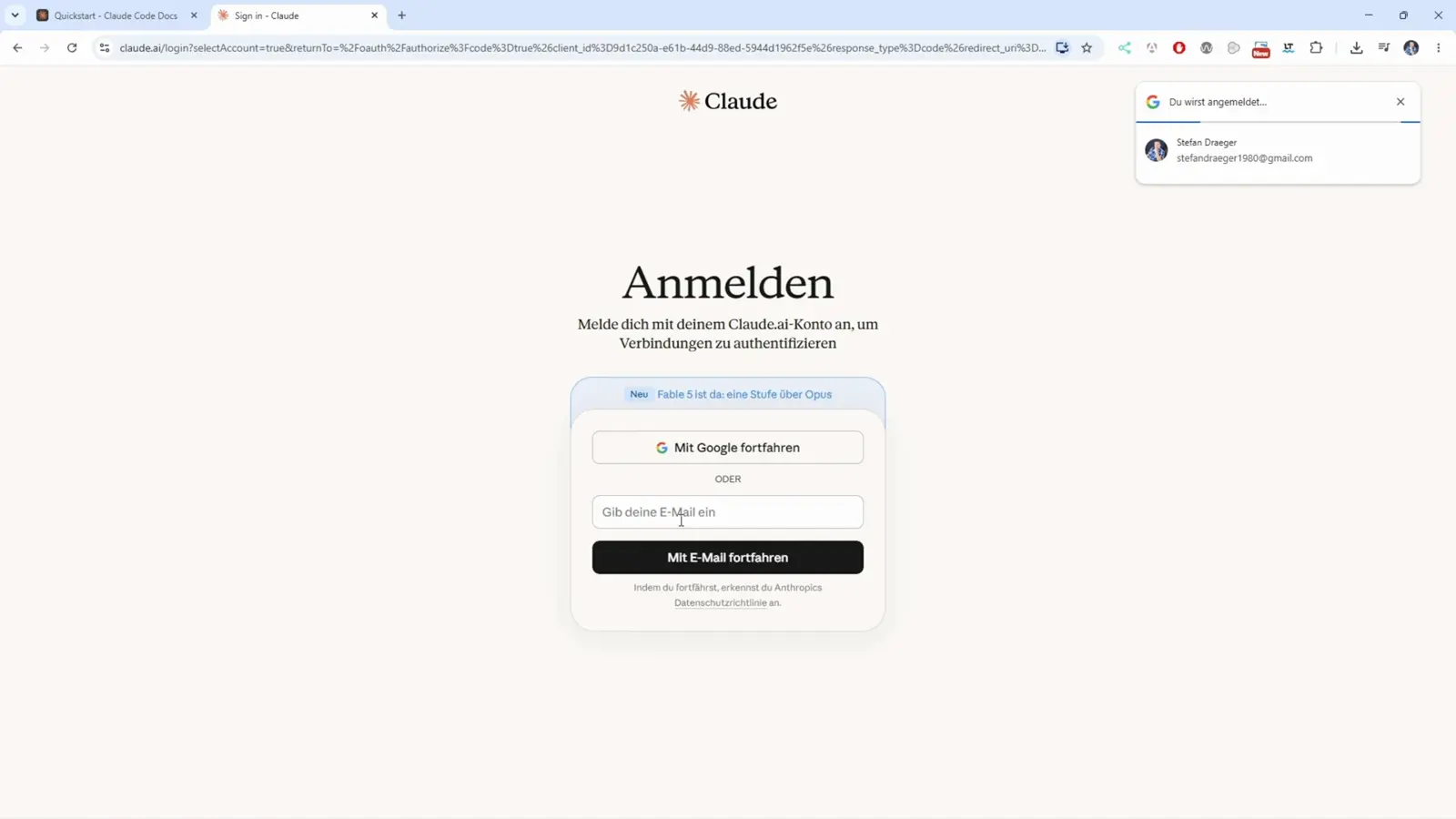 Claude login page in a German browser showing Anmelden with two options, Mit Google fortfahren and Mit E-Mail fortfahren, plus the account chooser popup