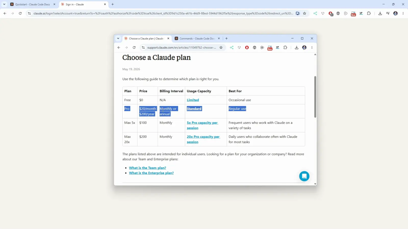 Claude Support page titled Choose a Claude plan with a table listing Free at 0 dollars, Pro at 20 dollars monthly or annual marked Standard, and Max at 200 dollars with 5x Pro capacity per session