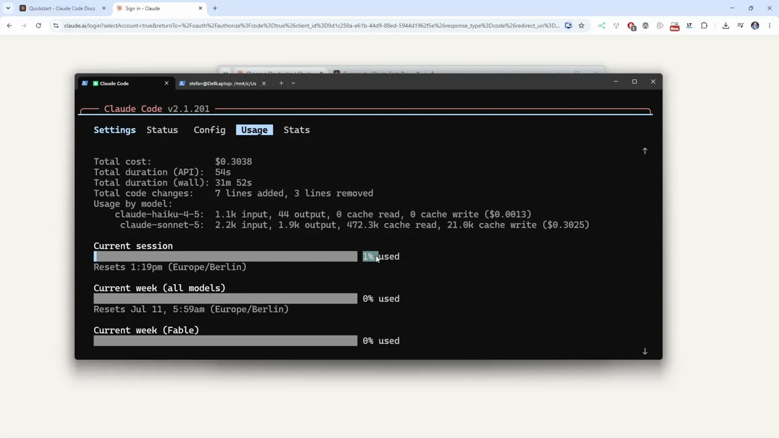 Claude Code v2.1.201 cost screen showing Total cost 0.3038 dollars with usage by model for claude-sonnet-5 and claude-haiku-4-5, Current session 1 percent used and Current week 0 percent used with reset times in Europe Berlin