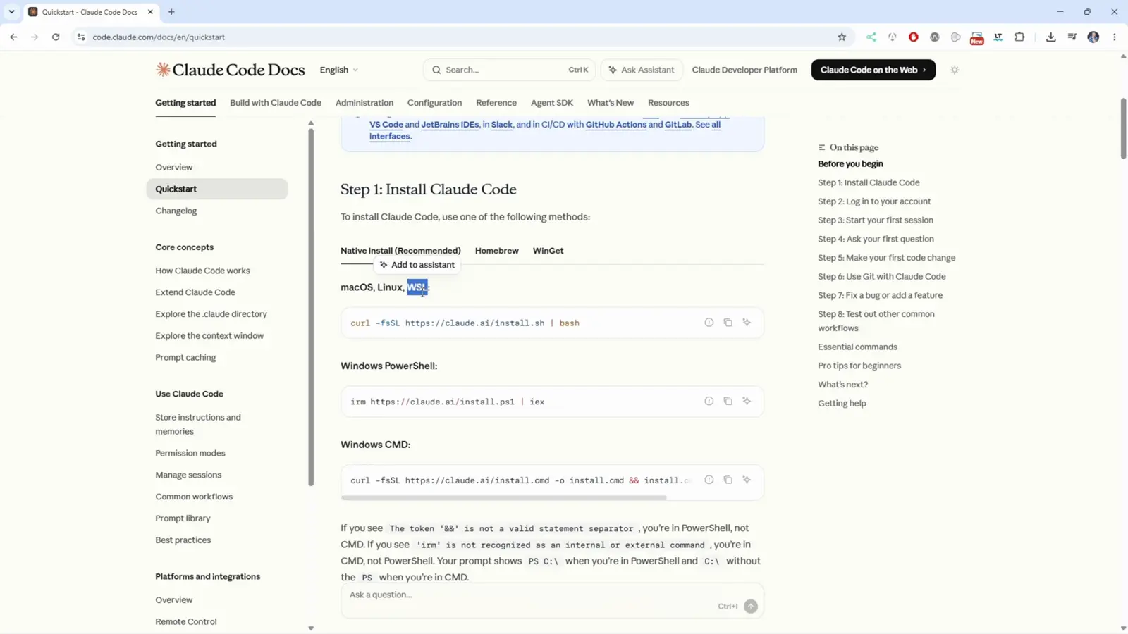 Claude Code Docs quickstart page at Step 1 Install Claude Code with Native Install Recommended, Homebrew and WinGet tabs, the macOS Linux WSL curl command, and separate Windows PowerShell and Windows CMD commands