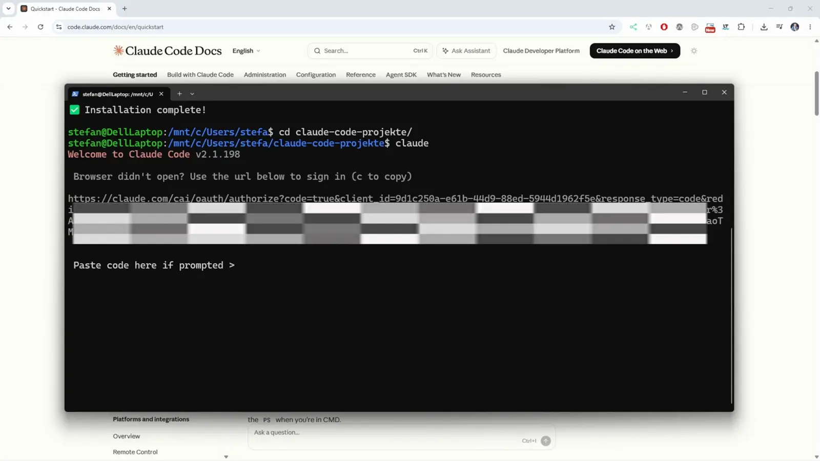 Claude Code terminal showing the OAuth browser URL with the account part pixelated and the prompt Paste code here if prompted waiting for the authorization code