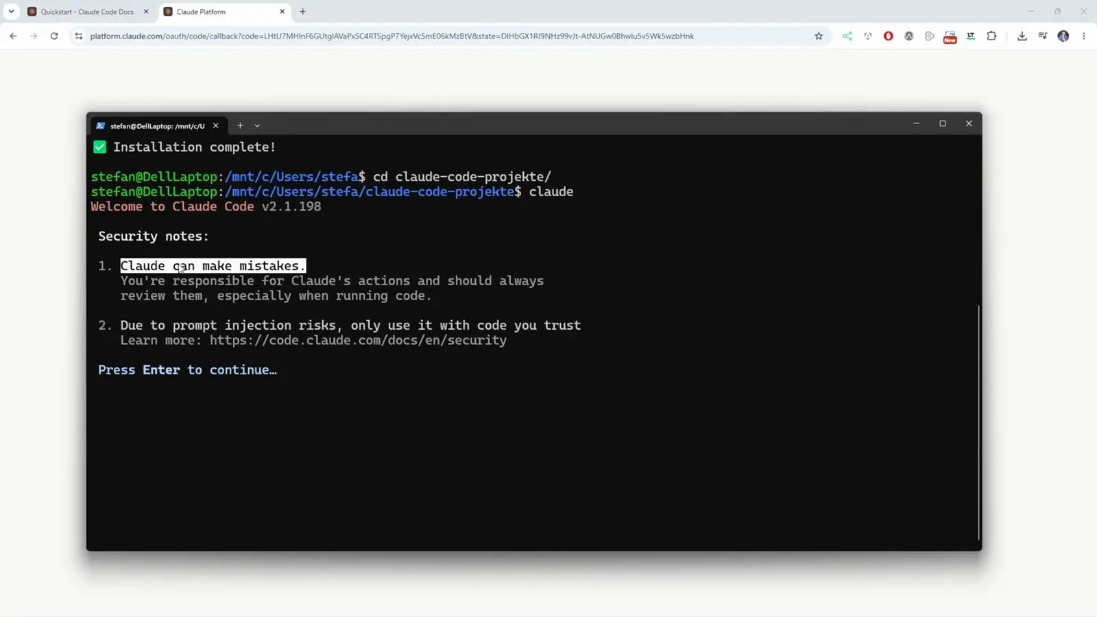 Claude Code onboarding screen with Security notes reading Claude can make mistakes and due to prompt injection risks only use it with code you trust, ending with Press Enter to continue