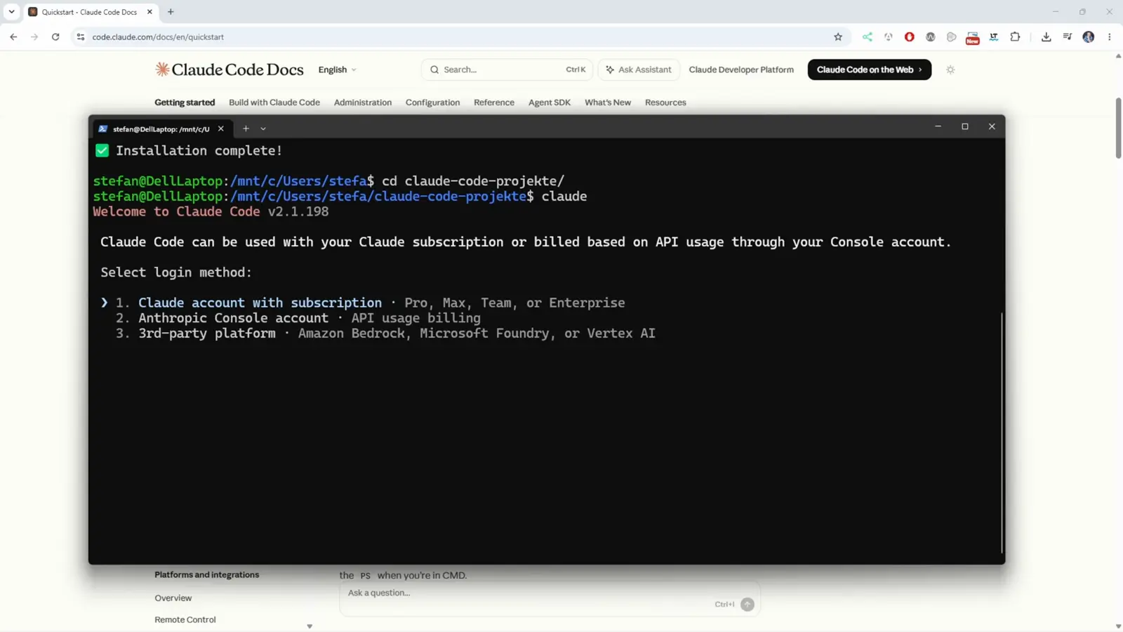 Claude Code login screen listing three methods: 1. Claude account with subscription Pro Max Team or Enterprise, 2. Anthropic Console account with API usage billing, 3. third-party platform with Amazon Bedrock, Microsoft Foundry or Vertex AI