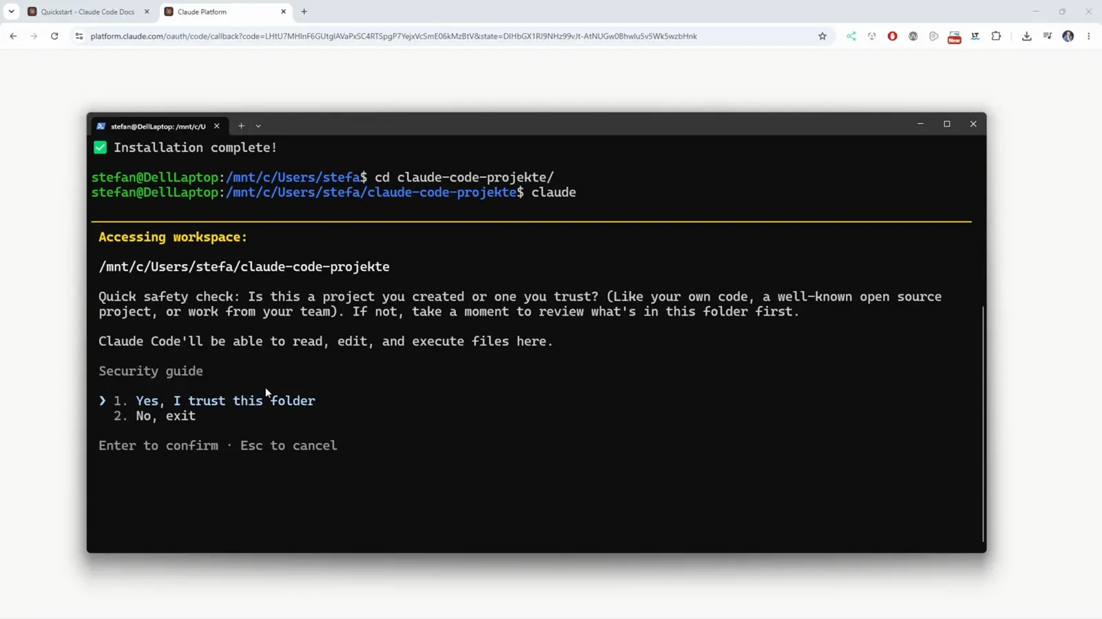 Claude Code workspace safety check reading Accessing workspace /mnt/c/Users/stefa/claude-code-projekte, warning that Claude Code will be able to read, edit, and execute files here, with options 1. Yes, I trust this folder and 2. No, exit