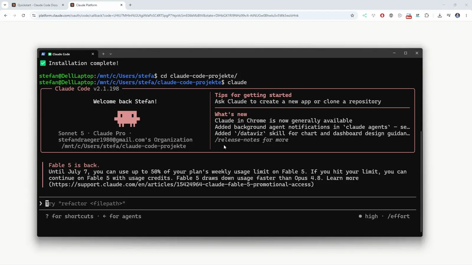 Claude Code session screen reading Welcome back Stefan with Sonnet 5 Claude Pro, Tips for getting started like Run init to create a CLAUDE.md file, and a notice that Fable 5 is now a standard part of the Max plan
