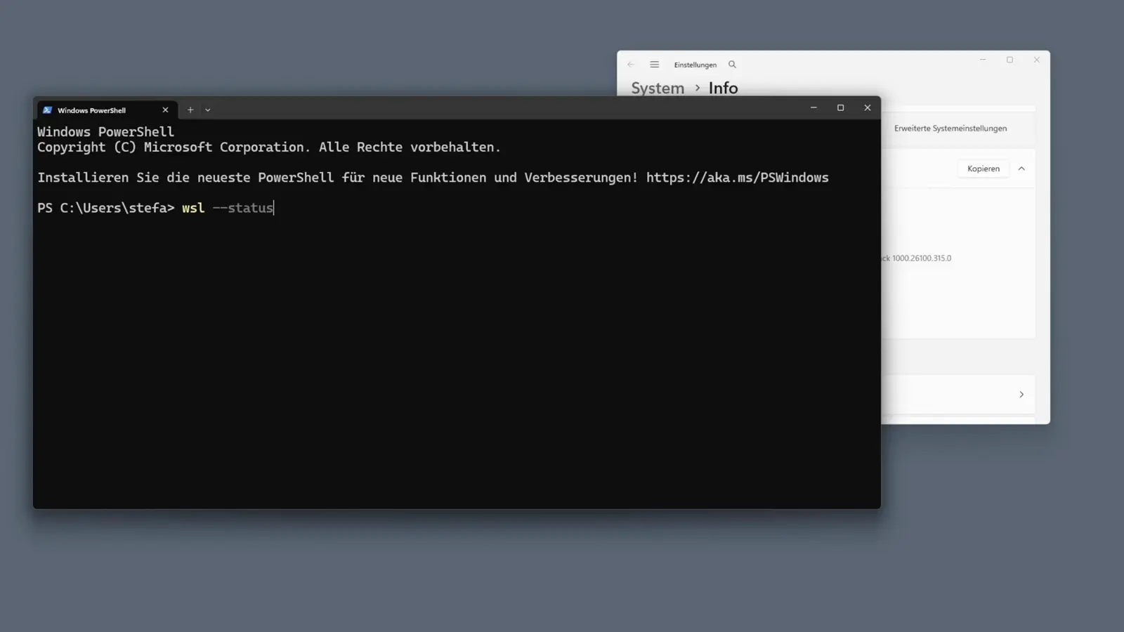 Windows PowerShell on Windows 11 with wsl --install typed at the prompt and the German banner Alle Rechte vorbehalten, preparing the Windows Subsystem for Linux