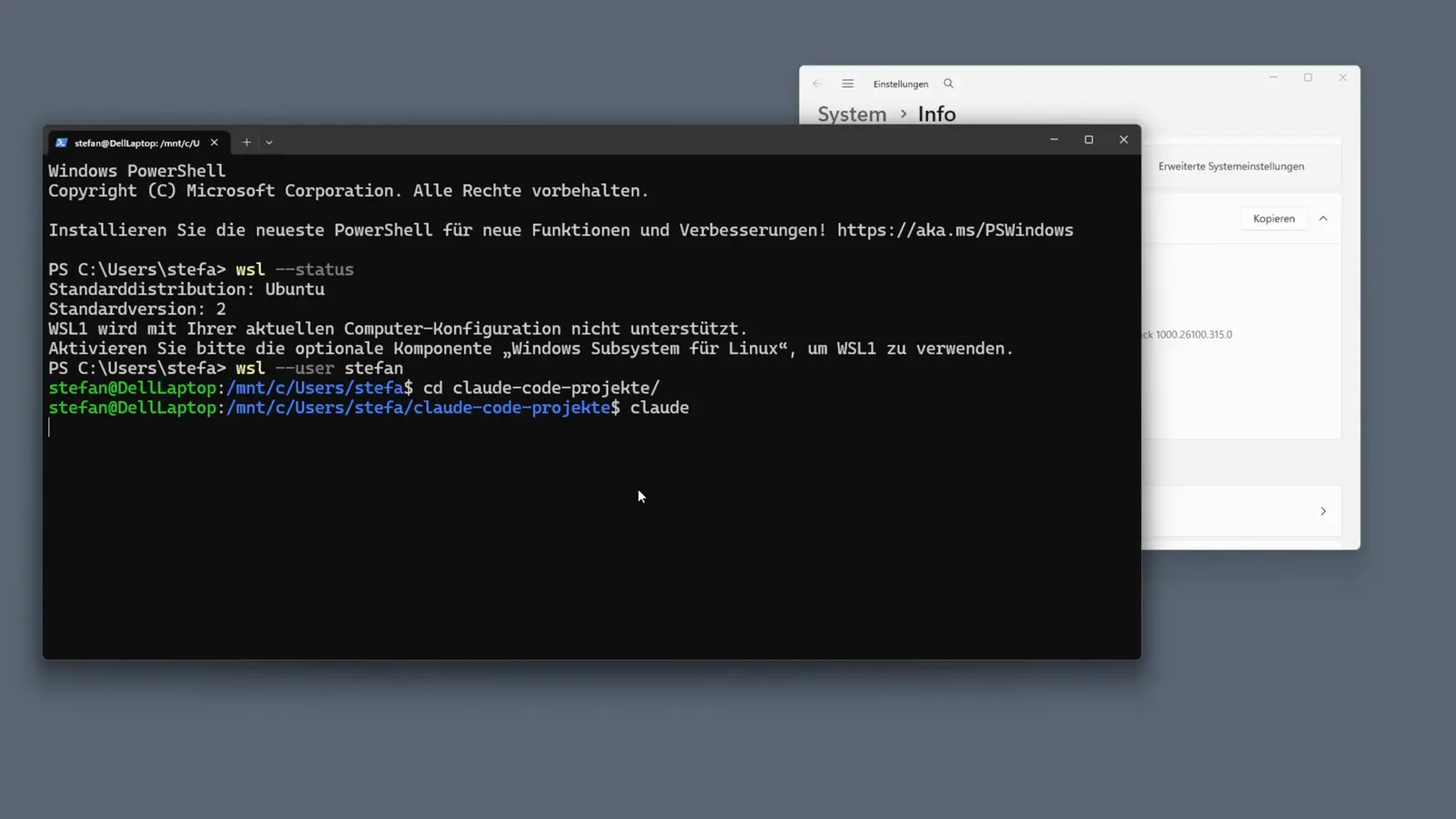 Windows Terminal running wsl --install --web-download with German WSL status output confirming default version 2 and notes about the optional Windows Subsystem for Linux component