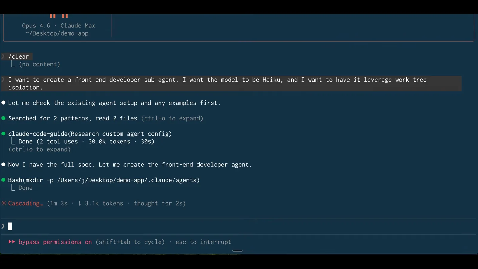 The .claude/agents folder Claude Code running mkdir -p on the demo-app/.claude/agents folder after researching the custom agent config, ready to write the frontend-dev.md agent file
