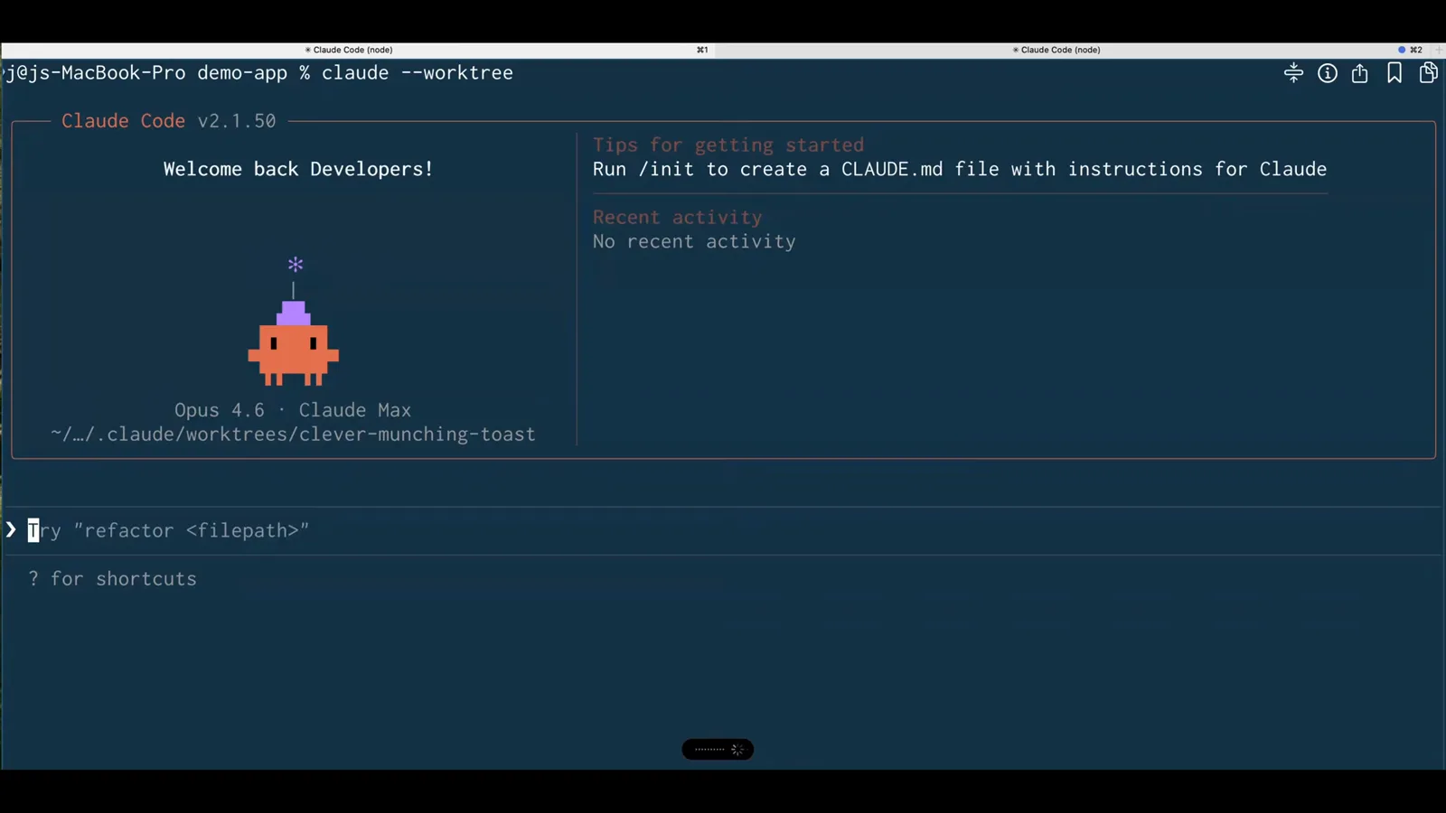 First session in its worktree Claude Code v2.1.50 welcome screen after running claude --worktree in the demo-app terminal, showing Opus 4.6 - Claude Max and the session rooted at ~/.claude/worktrees/clever-munching-toast