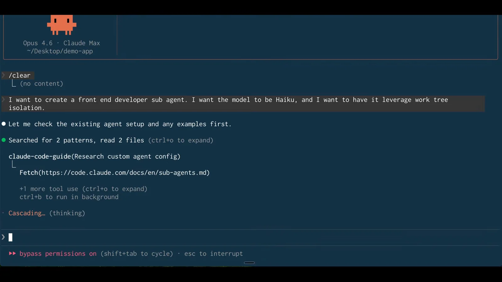 Ask for an isolated subagent A cleared Claude Code session with the request to create a front end developer sub agent using the Haiku model with work tree isolation, while the claude-code-guide agent fetches the sub-agents documentation from code.claude.com