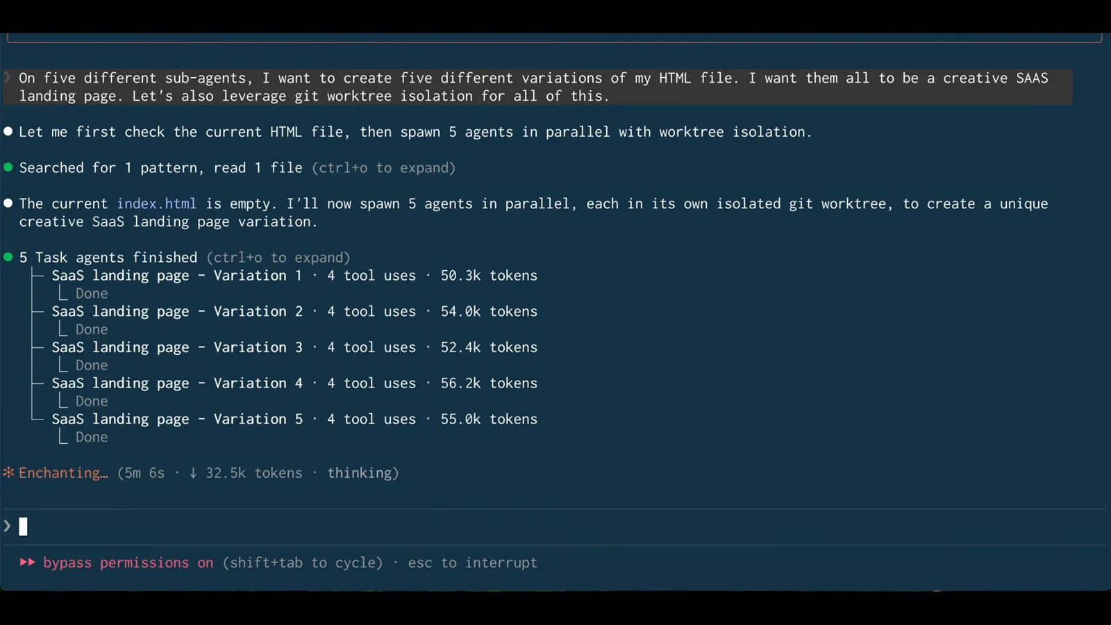 All five report Done Claude Code reporting 5 Task agents finished with each SaaS landing page variation marked Done after 4 tool uses and roughly 50k tokens, all generated in their own isolated git worktrees