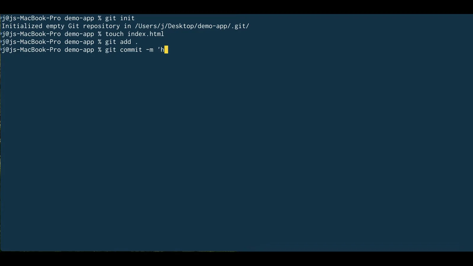 Git repo plus a first commit Terminal in the demo-app folder running git init, touch index.html, git add . and git commit -m, the first commit a repository needs before claude --worktree will start