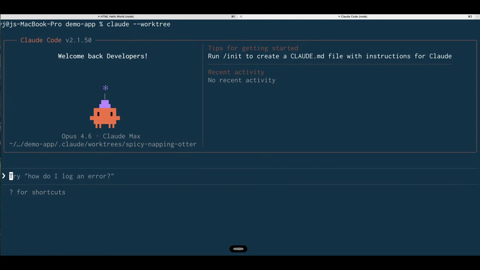 Second session, second worktree A second terminal running claude --worktree in the same demo-app folder, its Claude Code welcome screen rooted at demo-app/.claude/worktrees/spicy-napping-otter so both sessions run in parallel