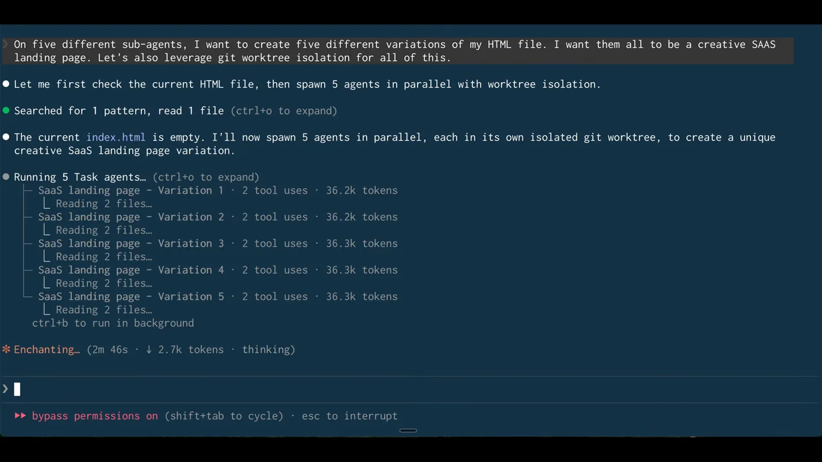 Five agents on one prompt Claude Code transcript with the prompt to spawn five sub-agents creating creative SaaS landing page variations with git worktree isolation, answering Running 5 Task agents with Variation 1 through 5 and per-agent tool use and token counts